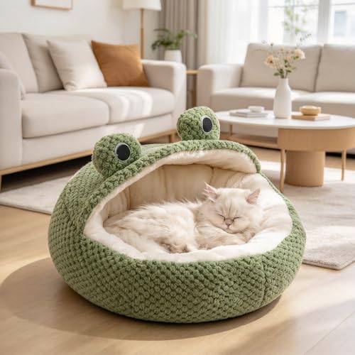 PETCUTE Cuccia da Interni per Gatti,Letto per Animali Domestici,Letto per Gatti con Cuscino Imbottito Rimovibile e Lavabile,Simpatica Forma di Rana,Cuccia per Gatto con Fondo Antiscivolo