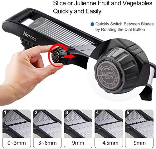 Adjustable Mandoline Food Slicer by Harcas. 3 in 1 Mandolin Slicer Julienne Cutter. Best for Slicing Food, Fruit and Vegetables. Professional Grade Slicer. with Cut Proof Gloves and Cleaning Brush