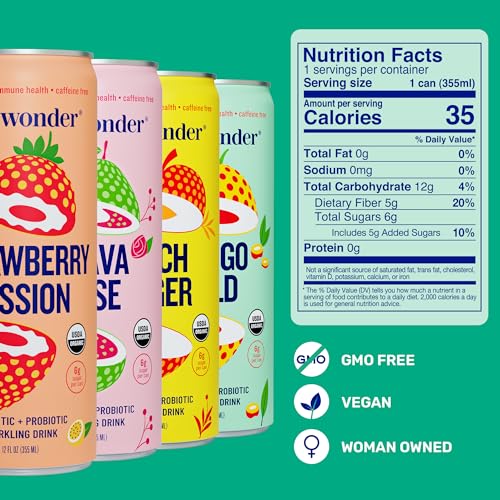 wildwonder Sparkling Probiotic Juice Drink w/Gut Health Immunity & Support 5g Fiber, Live Probiotics, Caffeine Free, Organic, Vegan, Low Sugar, 12pk 12oz, Classic Variety Pack, As Seen on Shark Tank