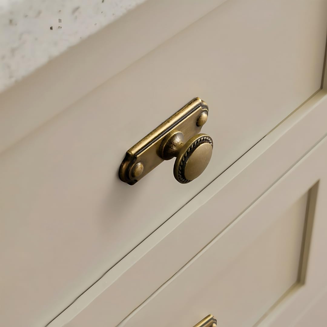 Antique Brass Cabinet Knobs with Industrial Backplates Vintage Drawer Pulls for Kitchen and Dresser Hardware Handles, Set of 6
