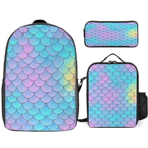 Fashion Collapsible Beautiful Mermaid Fish Scale Backpack for Men Women, Lunch Bag Easy to Clean, Pencil Pouch for College