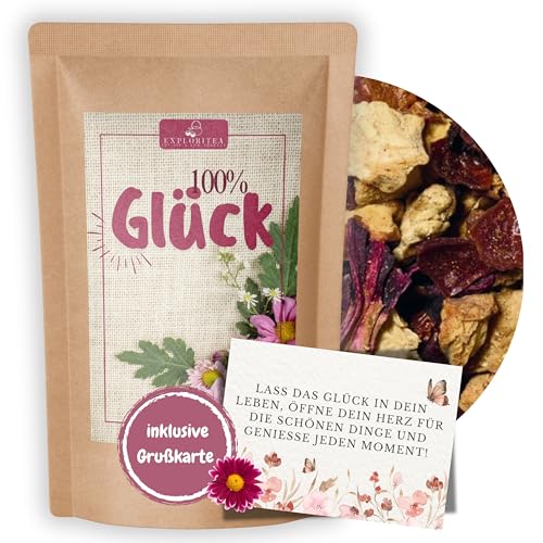 EXPLORITEA 100% Glück Früchtetee – Aromatische Apfel-Vanille-Zitrusmischung im ZIP-Lock Kraftpapierbeutel Natürlicher Genuss, ideal als Geschenk für den besonderen Menschen, dem Du Gutes wünscht