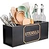 Yumkfoi Extra Large Utensil Holder with 4 Compartments, Wooden Farmhouse Utensil Organizer for Kitchen Counter, Rustic Cooking Utensil Crock Countertop Utensil Caddy Spatula Holder (Classic Black)