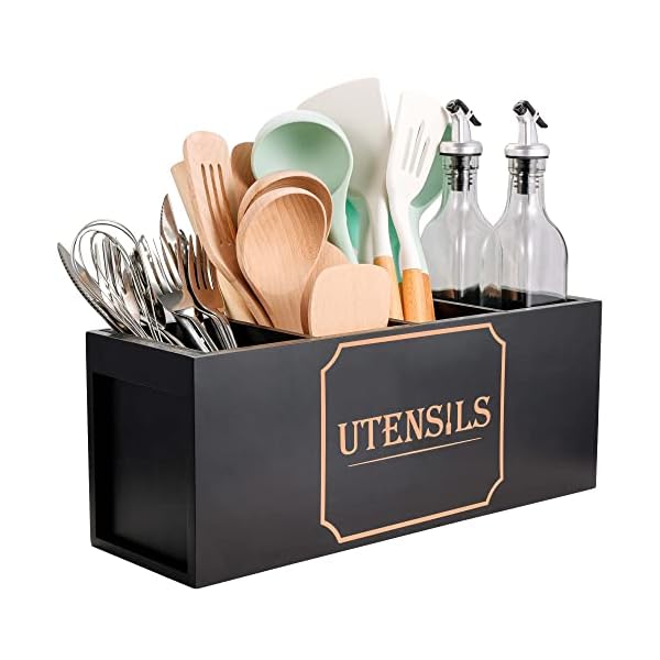 Yumkfoi Extra Large Utensil Holder with 4 Compartments, Wooden Farmhouse Utensil Organizer for Kitchen Counter, Rustic Cooking Utensil Crock Countertop Utensil Caddy Spatula Holder (Classic Black)