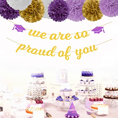 Image of Purple White-Gold Party-Decoration Graduation Banner - 8pcs Kits Cap Garland Streamers, Paper Tissue Pom Poms Flowers,We are So Proud of You Congratulations Grad 2024 Decor Lasting Surprise