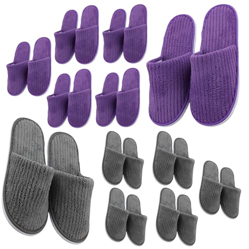 GOEDCH 10 paires de pantoufles en polaire corail : pantoufles spa violet et gris, pantoufles d'invités, pantoufles d'invités, pantoufles lavables en velours...