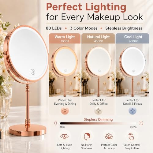 Image of DEIOVWXS Makeup Mirror, Rechargeable Vanity Mirror with 3 Lights, 1X /10X