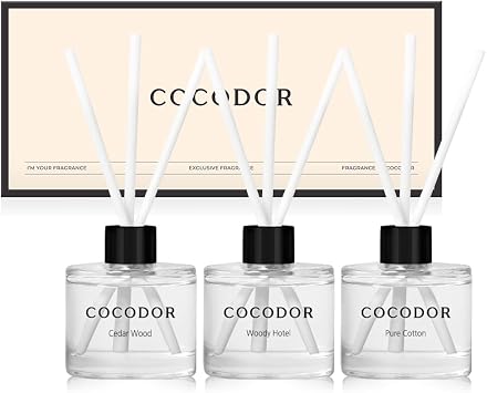 COCODOR Signature Collection Reed Diffuser Set of 3/Cedar Wood,Woody Hotel,Pure Cotton/1.6oz Each Pack/Home Fragrance Diffuser, Oil Scent Diffuser for Bathroom Shelf Decor Set