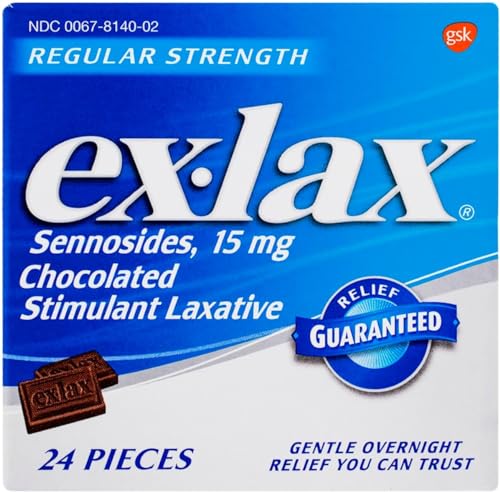 Ex-Lax Regular Strength Stimulant Laxative Sennosides 15 mg Chocolated Laxative for Gentle Overnight Relief 24 Pieces (Pack of 2)