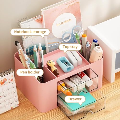 KAHEIGN Desk Organiser with 2 Drawers, 19CM x 14CM Multi-Functional Desk Tidy Organiser Large Capacity Pen Holder Makeup Organizer for Kids Teacher Gift Office School Home Table Decor (Pink) - Cosy Home Interiors KAHEIGN Desk Organiser with 2 Drawers, 19CM x 14CM Multi-Functional Desk Tidy Organiser Large Capacity Pen Holder Makeup Organizer for Kids Teacher Gift Office School Home Table Decor (Pink) - Image 3