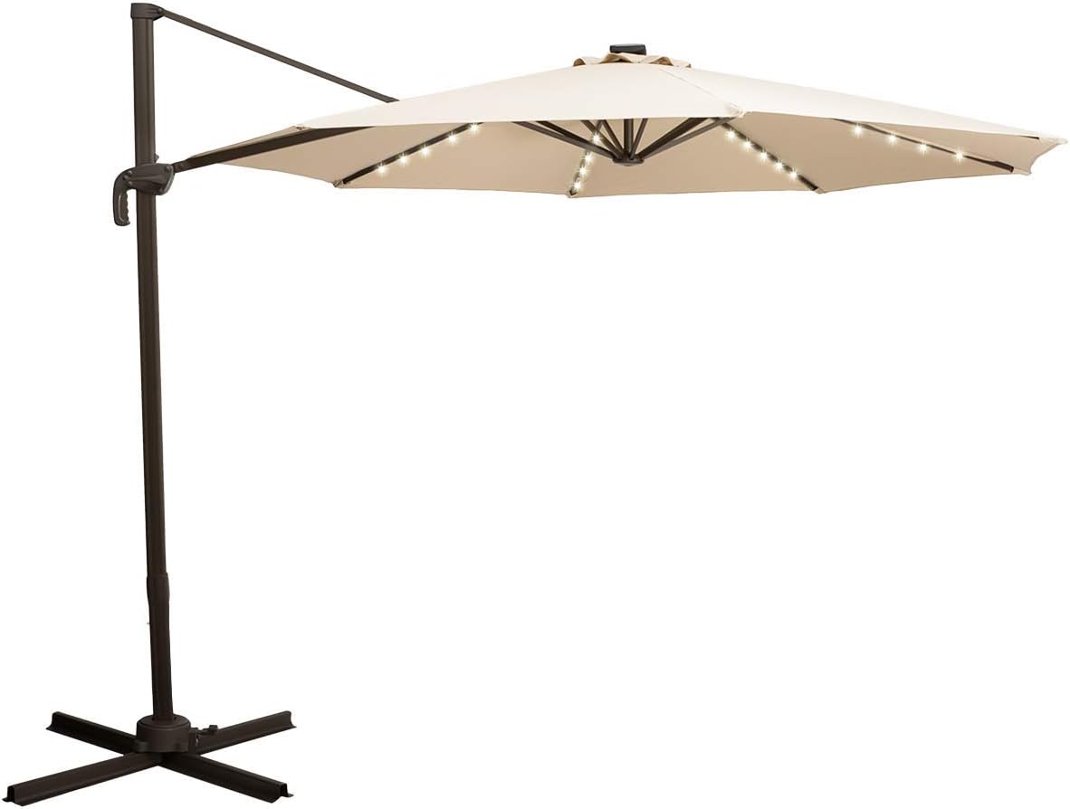TAGI 10 feet Square Outdoor Umbrella with 40 Solar LED Lights, Cantilever Pole with Crank Lift, 8 Iron Ribs, rotatable, Beige