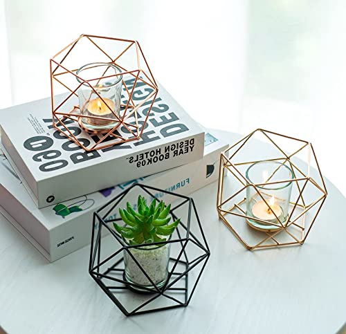 Hewory Geometric Tealight Candle Holders Rose Gold, Modern Metal Geo Wedding Centerpieces For Table, Votive Candle Stand Accent For Tea Light For Home Shelf Mantel Christmas Birthday Party Decor, 6Pcs #TOP2