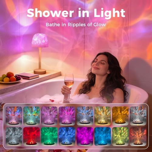 Image of 2-Pack Waterproof Shower Lamp Rechargeable LED Ocean Projector | 16 Color Ocean Wave Projection, Remote & Touch Control, USB-C Rechargeable, Bathroom Spa, Outdoor Table Lamps