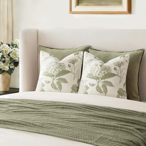 Image of Foindtower Set of 2 Linen Floral Throw Pillow Covers Vintage Accent Print Decorative Cozy Cushion Covers Farmhouse Boho Home Decor for Sofa Chair Couch Bedroom Living Room,18x18 Inch,Light Green
