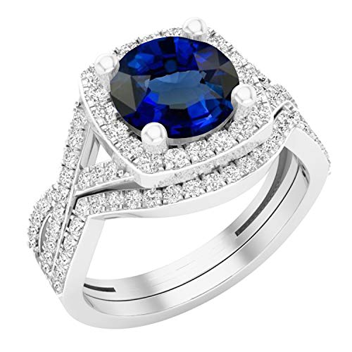 Dazzlingrock Collection 8 mm Round Lab Created Blue Sapphire & White Cubic Zirconia Ladies Split Shank Halo Wedding Ring Set, Sterling Silver, Size 10