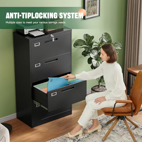 Image of Letaya 4 Drawer File Cabinets with Lock,Metal Lateral Filing Storage Cabinet Printer Stand,Black Steel Home Office Cabinet for Hanging Files Letter /Legal /A4 Size (Black, H51.73xW28.35xD15.74)