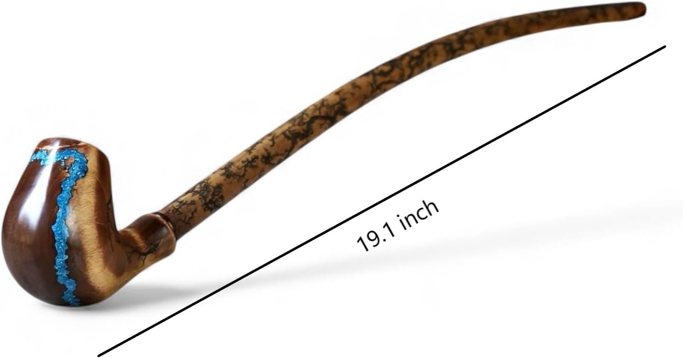 Handcrafted Wooden Tobacco Pipe with Turquoise Inlay, Long Curved Bent Stem Smoking Pipe for Tobacco, Unique Handmade Gift for Men