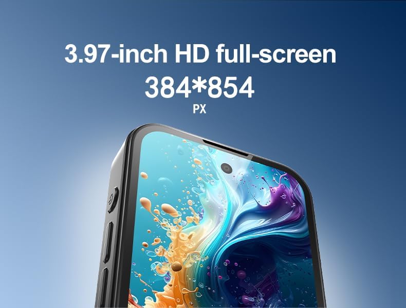 Close-up of the smartwatch screen highlighting its 3.97-inch HD display with 384x854 pixel resolution.