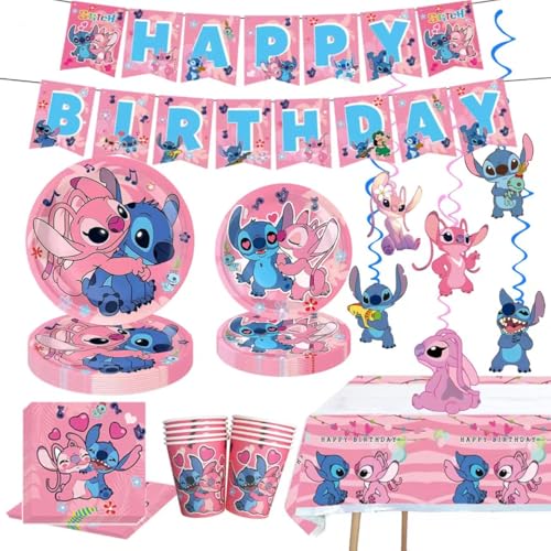 88Pcs pink Stitch Party supplies including banners plates paper cups tissues pendant decorations perfect for Stitch themed birthdays! Featuring cute pink stitching print