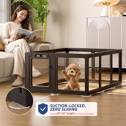 Image of Clear Acrylic Dog Playpen Indoor, Puppy Cat Small Pet Play Pen, Pet Cat Playpen for Rabbits, Dog Fence Crate Kennel Whelping Cage (O Series, 24 inch, Black, Door+Panel)