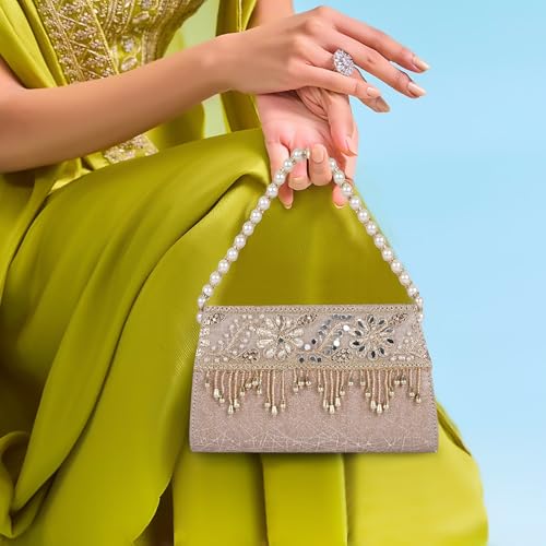 Image of Nevis Women's Embellished Clutch with Pearl Handle | Fancy Designe & Wedding Potli Bag for Festive & Evening
