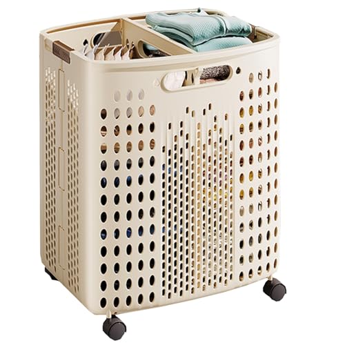 2 Section Laundry Hamper, Clothes Hampers with Handles, Laundry Basket with Wheels in Laundry Room Bedroom Bathroom College Dorm(Beige,51 * 38 * 36cm/20 * 15 * 14in)