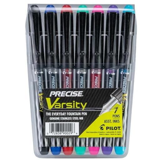 PILOT Pen 90029 Precise Varsity Pre-Filled Fountain Pens, Medium Point Stainless Steel Nib, Black/Blue/Red/Pink/Green/Purple/Turquoise, 7-Pack Pouch