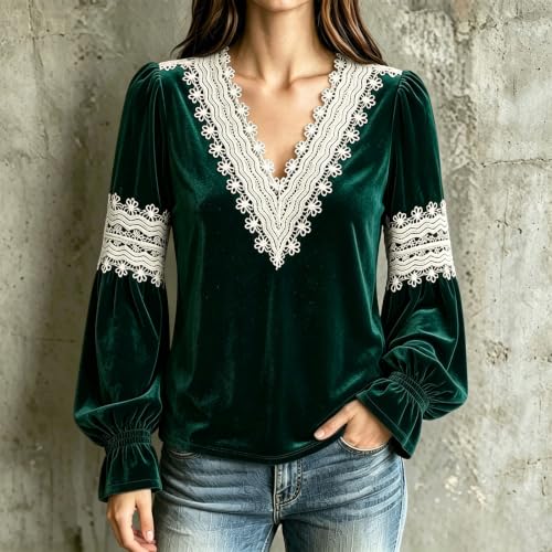 Ladies Tops Velvet Lantern Long Sleeve V Neck Lace Trim Elegant Blouse - image 6