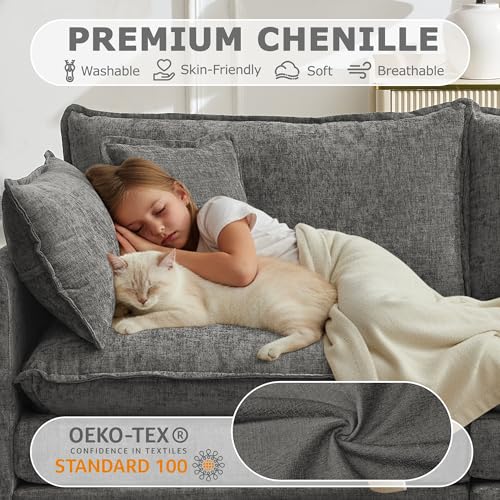 Image of 113 inch Modular Sectional Sofa, L Shaped Cloud Couch with Ottoman | Comfy Chenille Deep Seat Sofa with Throw Pillows, 4 Seat Modern Couches for Living Room Bedroom Apartment, Grey, 113 inch L