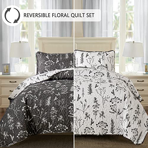 Dinjoy Floral Quilt Set King Size, Reversible Dark Grey White Flower Botanical Bedding Set Soft Lightweight Microfiber Bedspread Coverlet Bed Set 3 Pieces (1 Quilt + 2 Pillowcases) All Season #TOP1