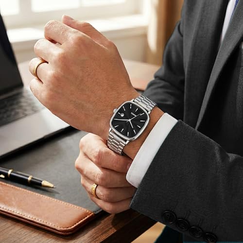 Image of Acnos Luxury Square Dial Quartz Watch for Men & Women - Stainless Steel Bracelet, Minimalist Analog Wristwatch with Date Window Pack of 1