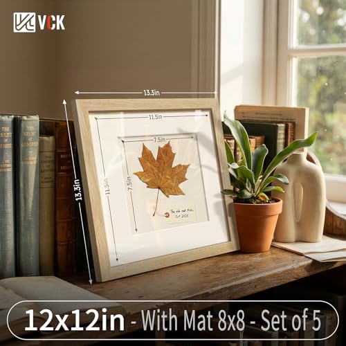 Image of VCK 12x12 Frame 5 Pack, Natural Wood, 8x8 Mat, Glass, for Picture Prints