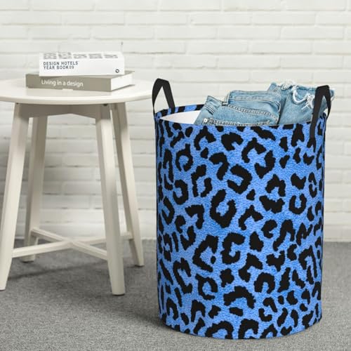 Image of Blue Leopard Round Laundry Hamper Storage Basket Toys Clothes Organizer Bin For Home Bathroom Bedroom Dorm Nursery, 62l