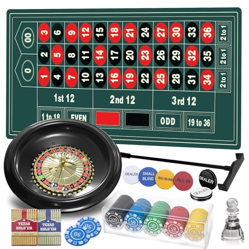 16 Roulette Wheel Game Set Roulette Table and Wheel 16 ABS Roulette Wheel 47 x 24 Rubber Roulettes Mat 100PCS Roulette Chips Dealer Button 2 Decks of Poker Casino Games Night Party for Adult