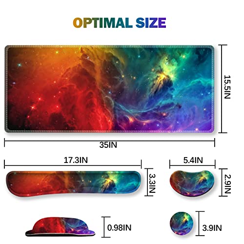 Image of ARTSO Extended Gaming Mouse Pad Set, Keyboard Wrist Rest Support Pad + Wrist Cushion + XXL Large Mouse Pad + Coaster, Stitched Edge, Non-Slip, Memory Foam Desk Mat, Color Nebula Galaxy