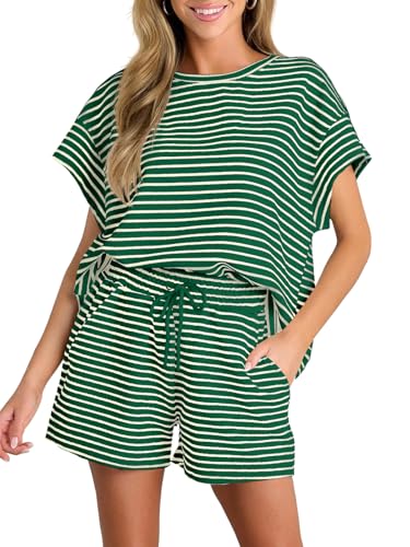 Tankaneo Damen Zweiteiler Kurzarm Lounge Set Sommer Outfits Gestreifte Lockere Pyjama Set Hausanzug Rundhalsausschnitt T Shirt mit Shorts