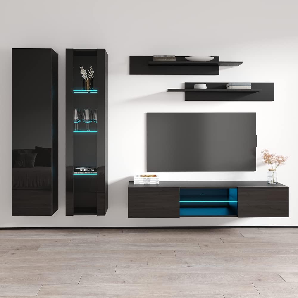 Meble Furniture Fly AB2 33TV Stand Wall-Mounted Entertainment Center — Floating Modern TV Console with Storage Shelves and LED Lights, 65.4 x 15.7 x 18.1 in — Black