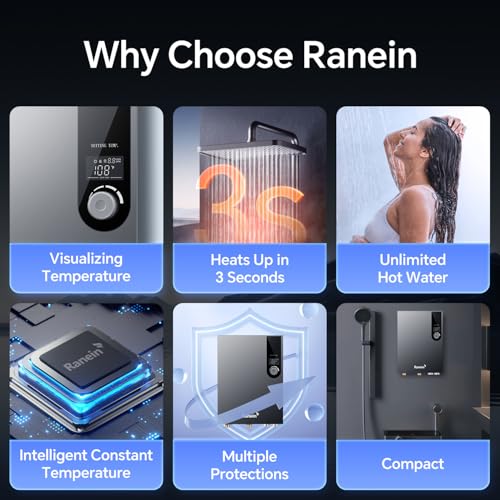Image of Ranein 27kW Electric Tankless Water Heater, 240V On Demand Instant Endless Water Heater with LED Temperature Display, Control Knob, Space Saving Design, Up to 6.5 GPM for Whole House Water
