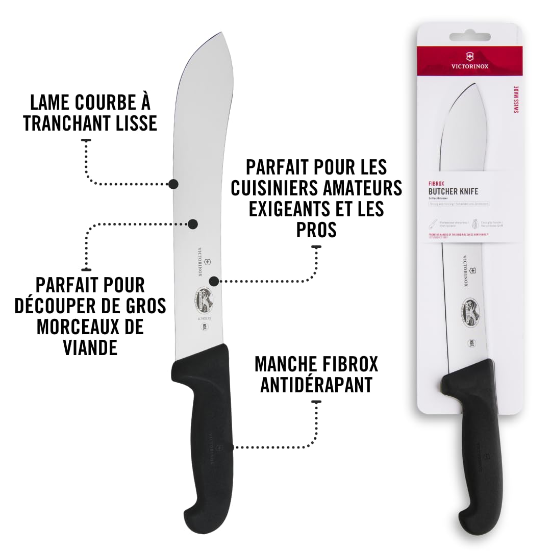 Victorinox Fibrox Couteau de boucher, Long couteau pour couper de gros morceaux de viande, 25 cm, Lame incurvée, Tranchant, Inox, Noir