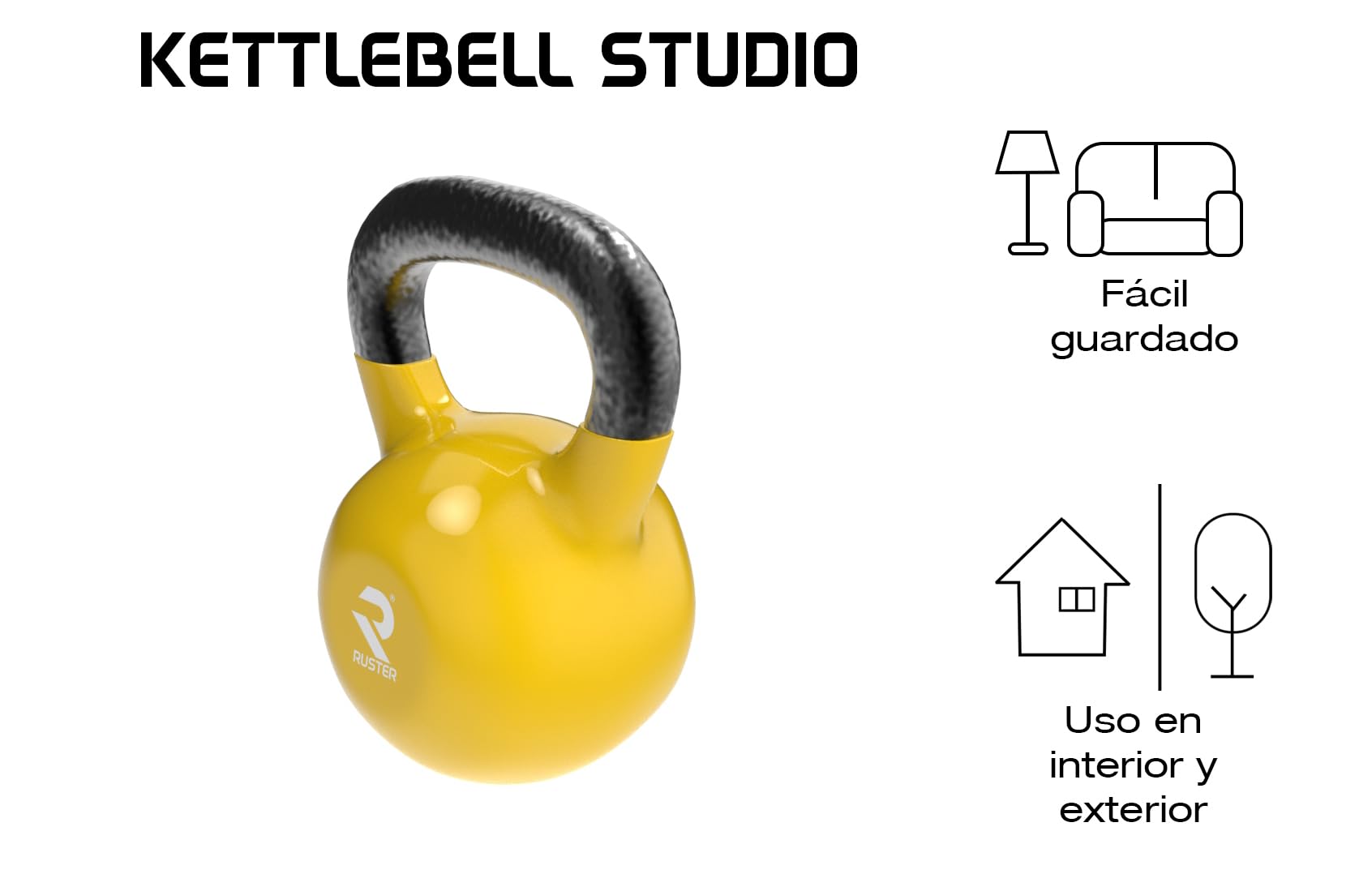 RUSTER Kettlebell Studio. Pesa Rusa recubierta de Vinilo, Mango Ergonómico, Base Estable, Entrenamiento Funcional, Fitness en Casa. Disponible de 4 a 32kg