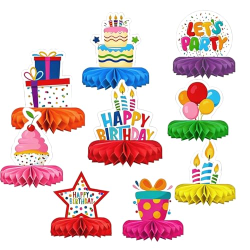 9 Stück Bunte Happy Birthday Tischdeko Waben Tischdekoration Party Deko Geburtstag Tischaufsätze Zuckerbienen Deko Tisch Ornament für Geburtstag Party