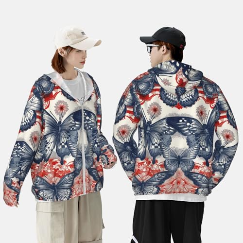 Men's UPF 50+ Sun Protection Hoodie Long Sleeve Fishing Shirts Quick Dry Blue Butterfly Poster Sun Shirt Jacket4
