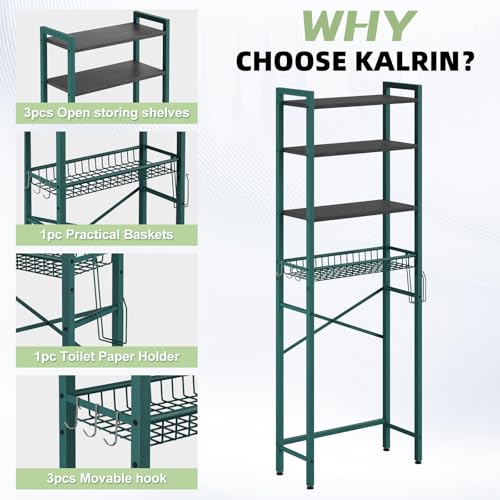 Image of Kalrin Over-The-Toilet Storage Rack, 4-Tier Bathroom Organizer Shelf Over Toilet with Adjustable Shelf and Basket, Freestanding Space Saver Bathroom Shelves Above Toilet for Room (Green- Black)