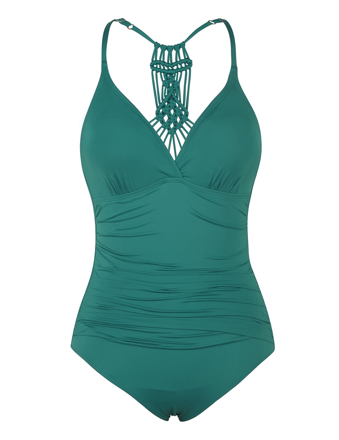 Firpearl Women's Tummy Control One Piece Bathing Suits V Neck Swimsuits Hand-Braid Macrame Ruched Slimming Swimwear