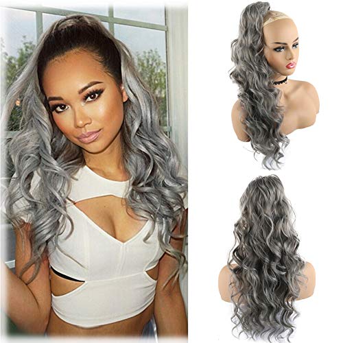 LEOSA 24 Inch Long Body Wave Ponytail Extension Drawstring Heat Resistant Curly Wavy Synthetic Wrap Around Ponytail Black Hairpiece for Women
