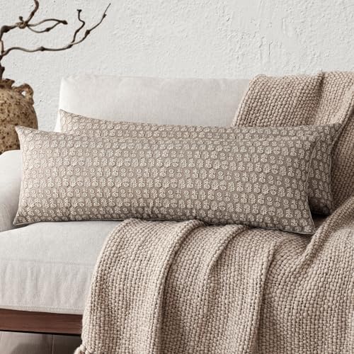 Image of Foindtower Set of 2 Decorative Floral Body Lumbar Throw Pillow Covers Neutral Modern Farmhouse Cushion Covers Vintage Home Decor for Sofa Couch Chair Bedroom Living Room,14x36 Inch,Tan Taupe