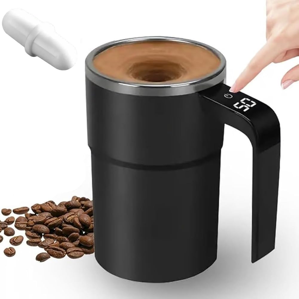 Hndhbfgrt Self-Stirring Electric Coffee Mug with Built-in LCD Thermometer, 380ML/13OZ Rechargeable Design Including Lid and Temp Temperature Display B