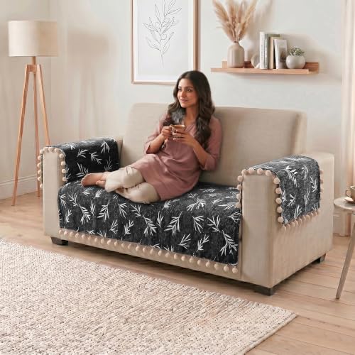 Image of Story@Home Chenille Sofa Cover 2 Seater (76x122Cm) & Arm Rest Covers | Anti Slip Sofa Mat for 1 /2 /3 Seater & L Shape Sofa Cover | Measure Your Sofa & Create Your Own Customized Set - Slate & Snow