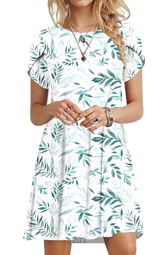 PLOKNRD Summer Dresses for Women UK Elegant Petal Short Sleeve T-Shirt Dress Crew Neck Casual Loose Swing Holiday Beach Dress with Pockets(Willow Leaf,XL)