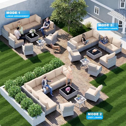 Image of Outdoor PE Wicker Rattan Modular Patio Sectional Sofa Set | 10-Piece: 6 Modular Seats, Coffee Table, 2 Swivel Rocking Chairs & Side Table, Khaki